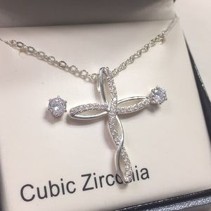 Cubic zirconia cross necklace and stud earring set